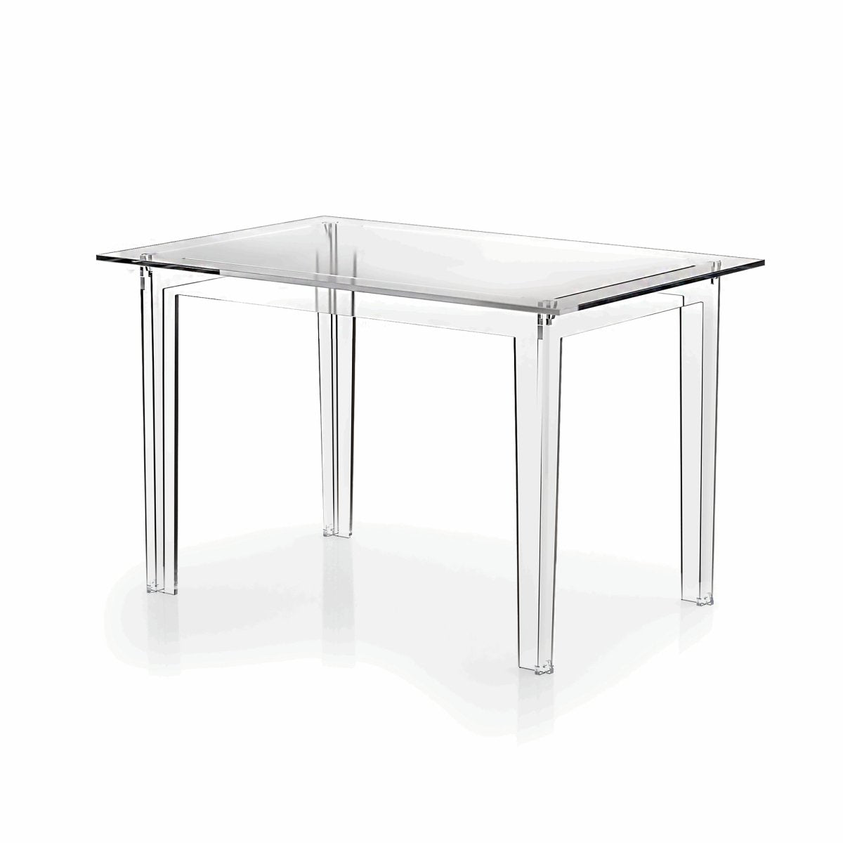The table has a rectangular shape with flame polished edges and it is set up with four matching clear acrylic chairs